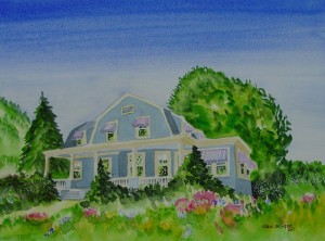summer house, dutch colonial roof, blue grey with cream trim, trees, grass, flowers