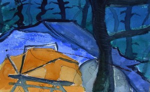 Tent in blue woods 9 x 5.75
