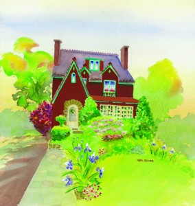 painting of a brick house