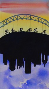 shows 6 cyclists riding over West End Bridge with Pittsburgh Skyline reflected below