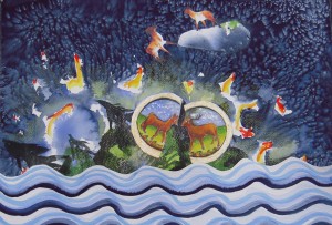 watercolor collage of tsunami