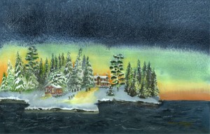 Winter scene on an island showing a red house and a boat house