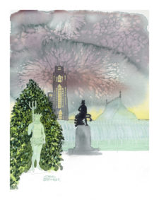 sillouette of Robert Burns statue, viridian victorian glass greenhouse, gothic revival tower