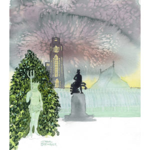 sillouette of Robert Burns statue, viridian victorian glass greenhouse, gothic revival tower