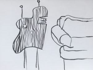 brush drawing of a wood sculpture