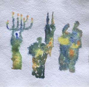 wete in wet watercolor of Judaic sculptures at Rodef Shalom Temple