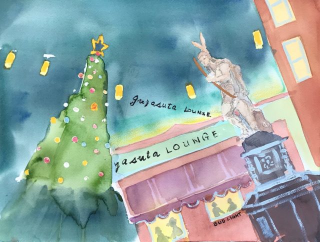 Guyasuta statue in Sharpsburg with Christmas tree