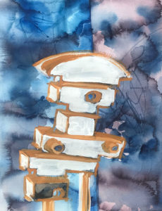 painting of a wood and copper sculpture on paper