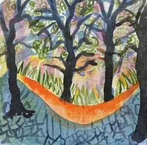 Orange in the Woods 8 x 8 Carol Skinger