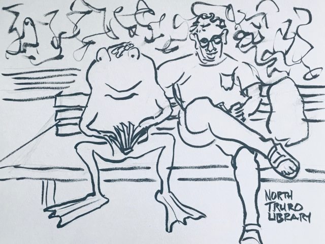sculpture of large from on bench at a library