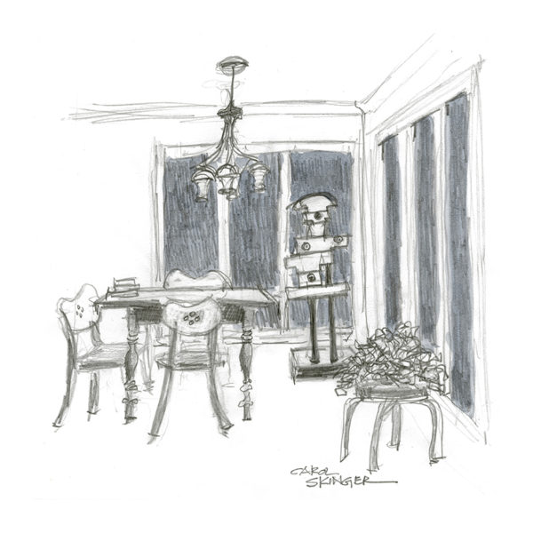 : black and white and gray, kitchen table and chairs, plant, sculpture . pencil sketch