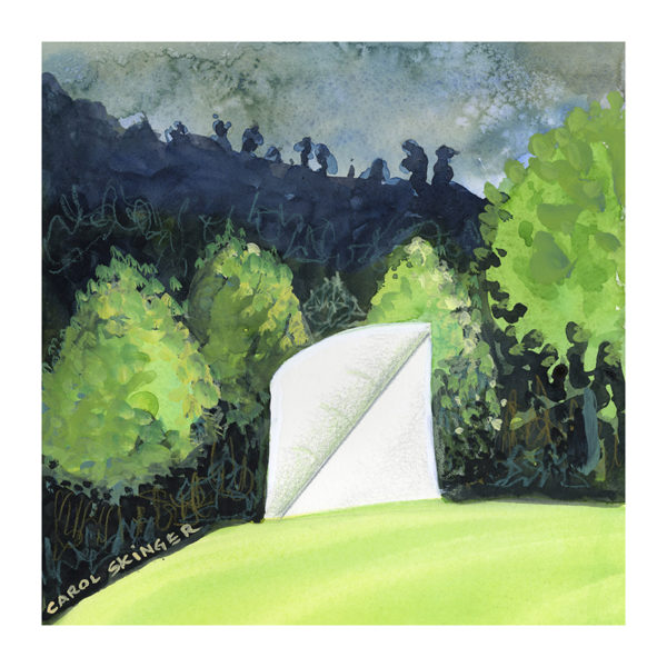 white minimalist square sculpture and bold green and blue landscape