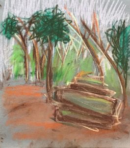 pastel drawring in a forest with a big rock, greens, browns
