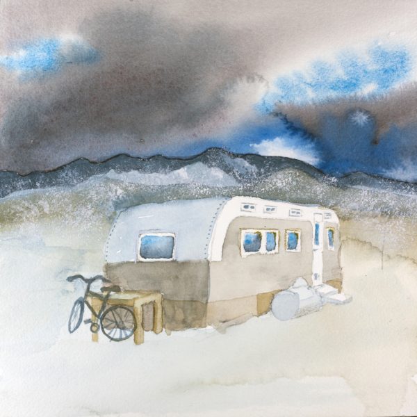 Trailer in winter with Bridger Range beyond Bozeman, MT 9 x 9 Carol Skinger