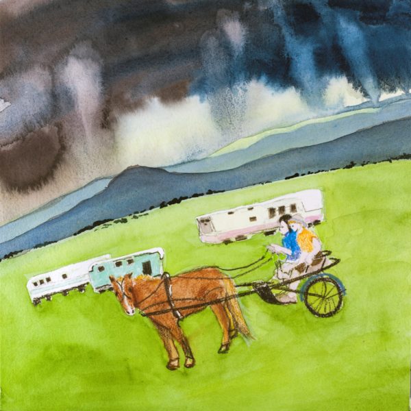 Sisters in a pony cart ,trailers beyond in Stowe, VT by Carol Skinger