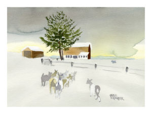 Herd of Goats going back to the barn through a snow covered field