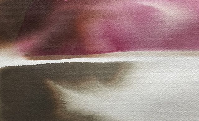 Horizontally divided abstract painting in 2 zones on paper. Above the horizon is a pink, brown and white flow. Below is stained in dark brown to lighter brown, to very pale. A thin horizontal zone of white separates the upper and lower zones. It’s a flowing ‘wet-in-wet watercolor’ style. The media is not watercolor but rather it is done permanent archival inks. The colored inks separate much like watercolor. The large amount of pigment in the colored inks move beautifully in water before it dries. www.carolskinger.com 