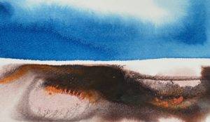 Horizontally divided abstract painting in 3 zones on paper. Above the horizon is mostly blue with white flowing into it. Next zone at the center area is white. Below the white zone is mostly darker brown with pale sepia flowing into it with small bits of bright orange. It’s a flowing ‘wet-in-wet watercolor’ style. The media is not watercolor but rather it is done permanent archival inks. The colored inks separate much like watercolor. The large amount of pigment in the colored inks move beautifully in water before it dries. www.carolskinger.com