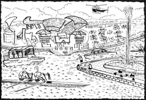 A black and white whimsical ink illustration of Pittsburgh’s Three Rivers shows the confluence of the Allegheny and the Monongahela Rivers, to form the Head of the Ohio River at The Point. My drawing emphasizes the Acrisure Stadium and The Point. Activities in the drawing are tailgating, roller blading, fishing and boating. One figure is kayaking and a Ducky boat is shown, while in the foreground crew boating is depicted by two figures sculling. A helicopter s overhead. The stadium is the home of the Pittsburgh Steelers and the Pitt Panthers, the University of Pittsburgh Football team. Nearby is the Carnegie Science Center. Lewis & Clark began their westward voyage here near the point on August 31, 1803. It is one of a series of 5 ink drawings I call Silly Ink Drawings. Silly Ink Prints are available in 3 sizes. Large $100 +- Paper dimension 27” wide x 20” high Medium $55 +- Paper dimension 15 1/8” wide x 11” high Small $25 +- Paper dimension 11” wide x 8 1/2” high